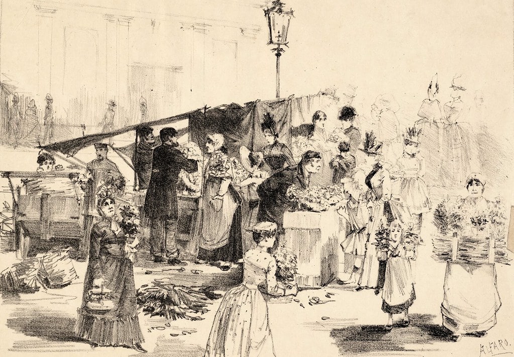 Marché aux fleurs d’Amsterdam en 1888 d’après Alfaro.