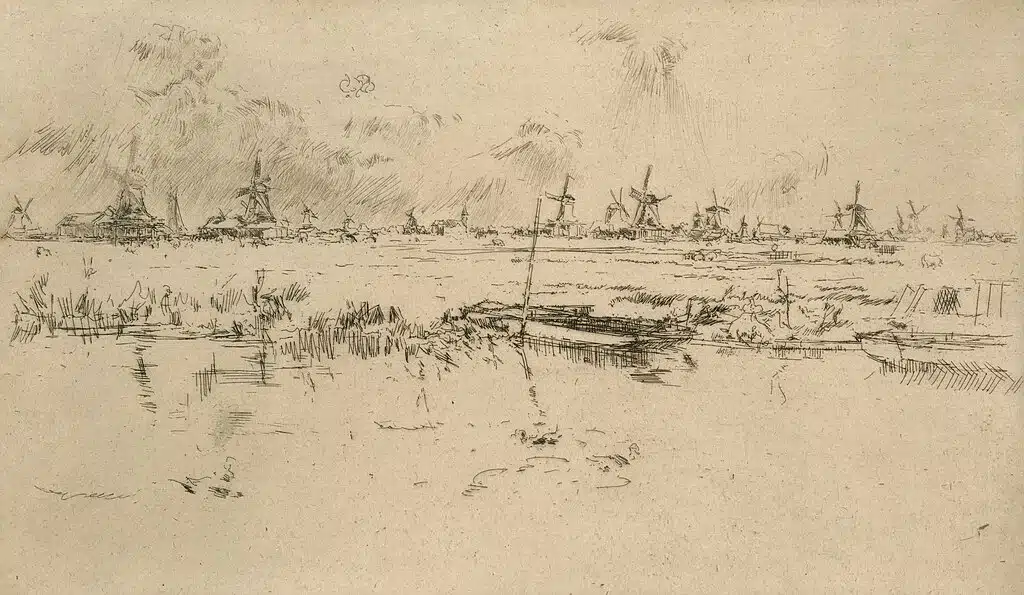 Croquis des moulins de Zaanse Schans près d’Amsterdam par Whistler.