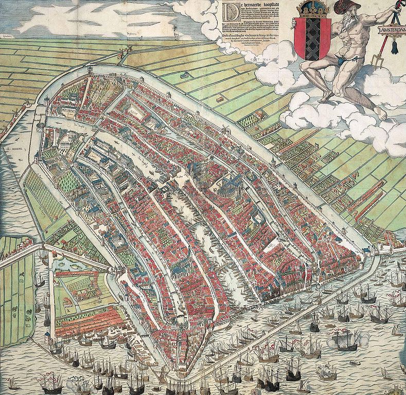 > Plan d'Amsterdam vers 1560 réalisé par Cornelis Anthonisz, Den Waag apparaît à gauche contre les champs à l'extérieur de la ville.