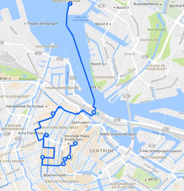 Itinéraires à 1msterdam en 2 jours : Jour 1, plan du parcours Vieille ville > 9 ruelles > Jordaan > Port