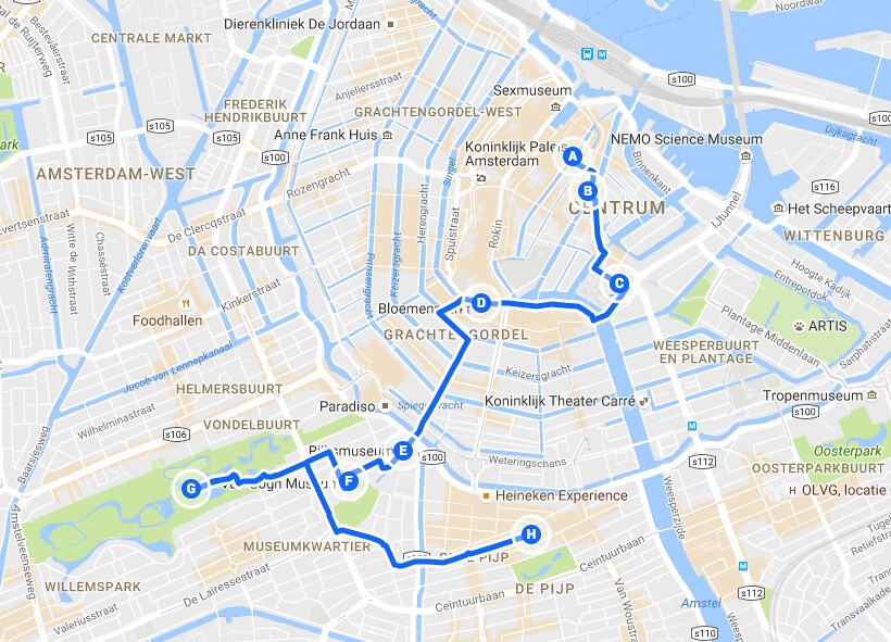Itinéraires à Amsterdam en 2 jours : Jour 2, plan du parcours Quartier Rouge > Waterlooplein > Quartier des musées > Pijp