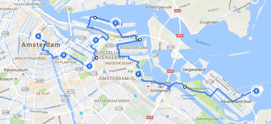 Itinéraires à Amsterdam en 3 jours : Jour 3, plan du parcours en vélo vers l'est, des tropiques à la mer