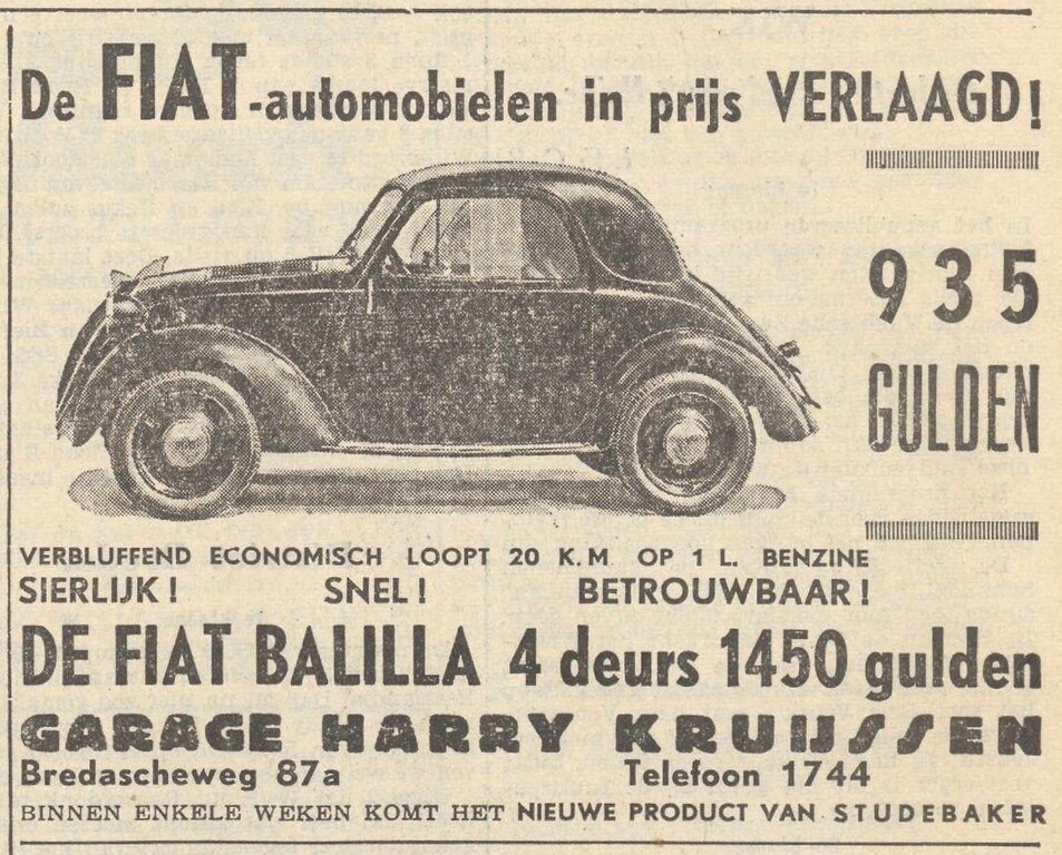 Parking à Amsterdam : Emplacement et fonctionnement. Ici une publicité pour la Fiat Balilla (1939).