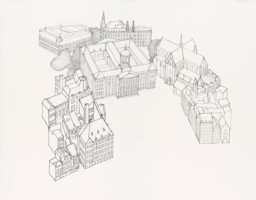 > La place de Dam avec le Palais Royal d'Amsterdam et la Nouvelle église sur la droite.