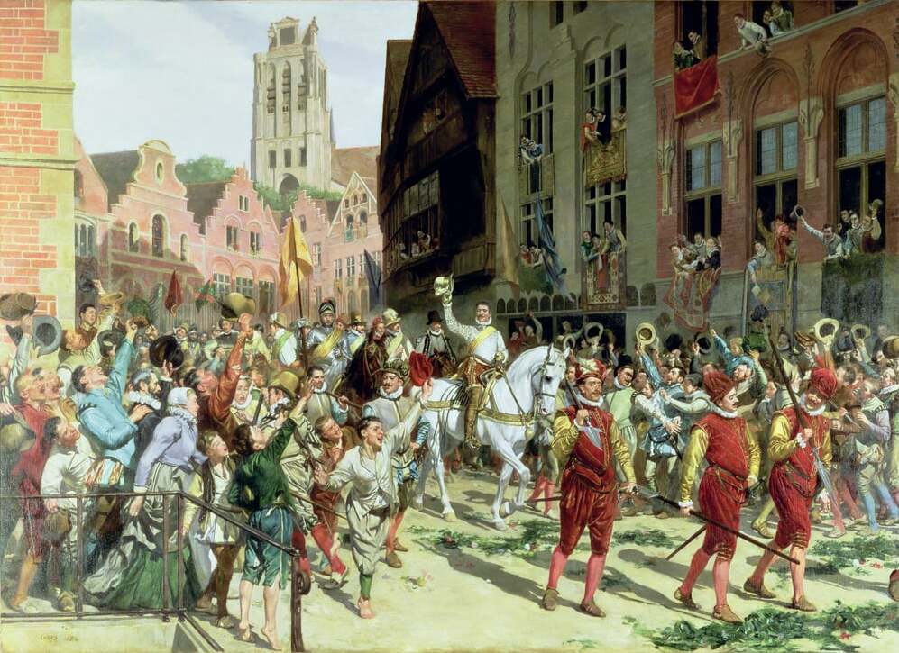 Arrivée triomphale à Rotterdam du Prince Maurice d'Orange Nassau après la bataille de Nieuwpoort 1600 par Lucien Alphonse Gros.