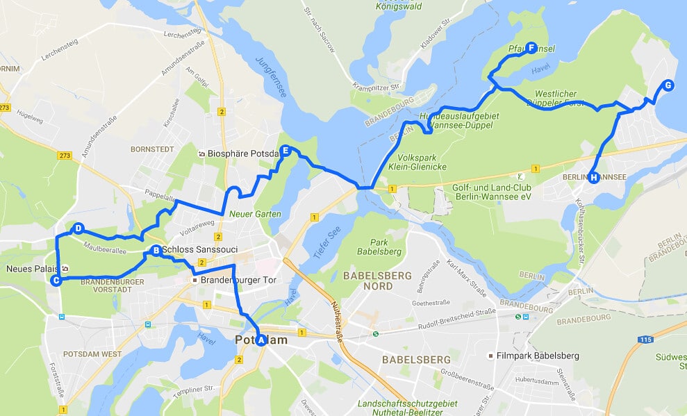 Itinéraires à Berlin en 3 jours : Jour 3, plan parcours Potsdam > îles aux paons (Pfaueninsel ) > Wansee