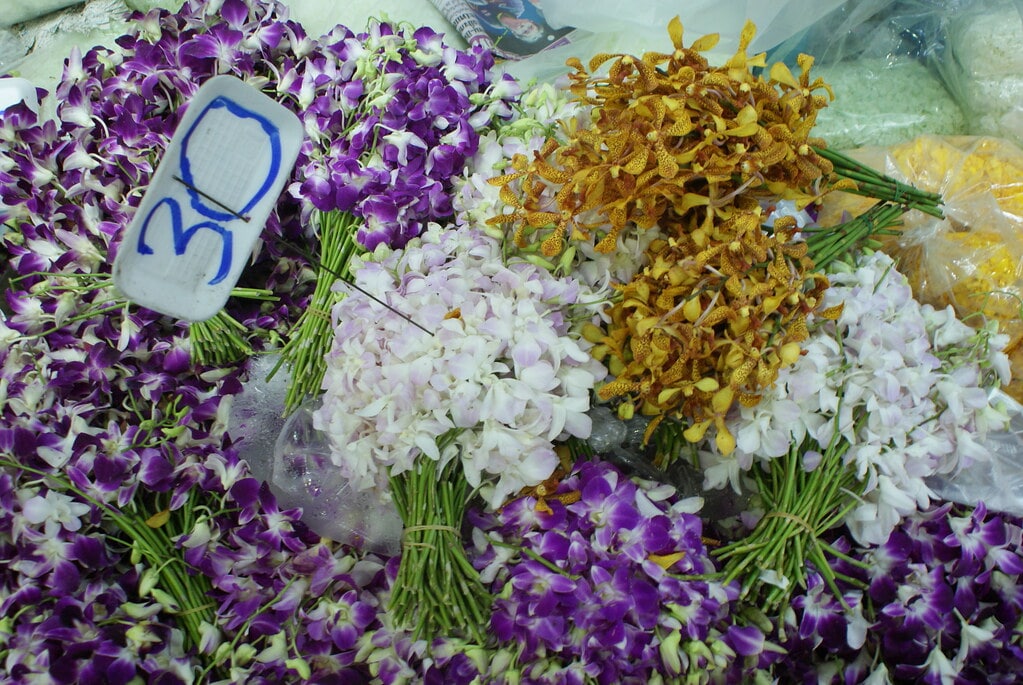 Bouquets d'orchidées au Pak Khlong Talat, le marché aux fleurs à Bangkok.