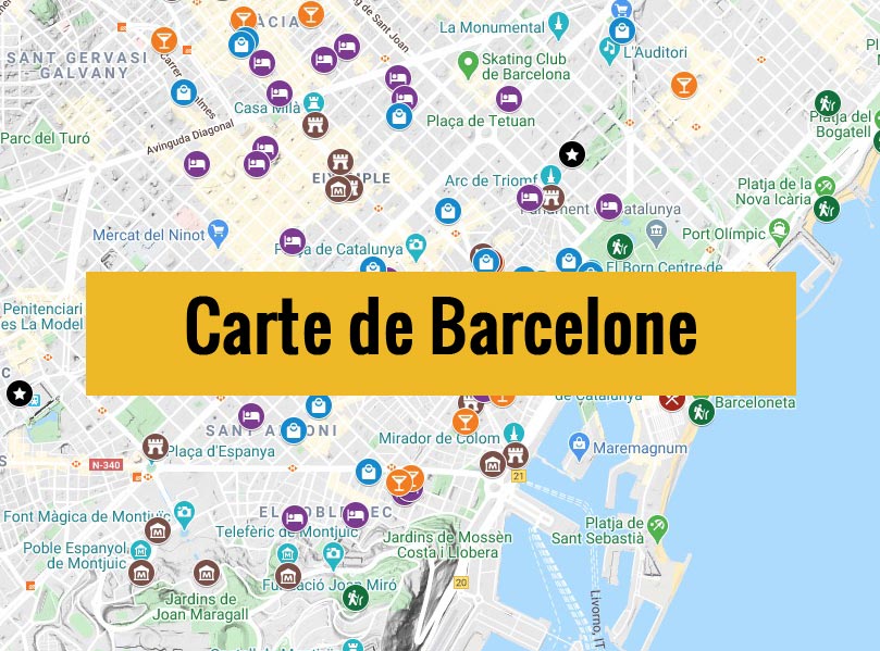 Carte de Barcelone (Espagne) avec tous les lieux du guide touristique.