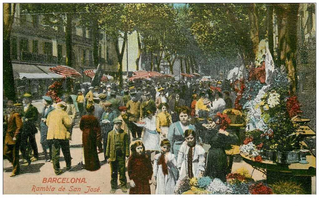 Carte postale des Ramblas à Barcelone en 1900.