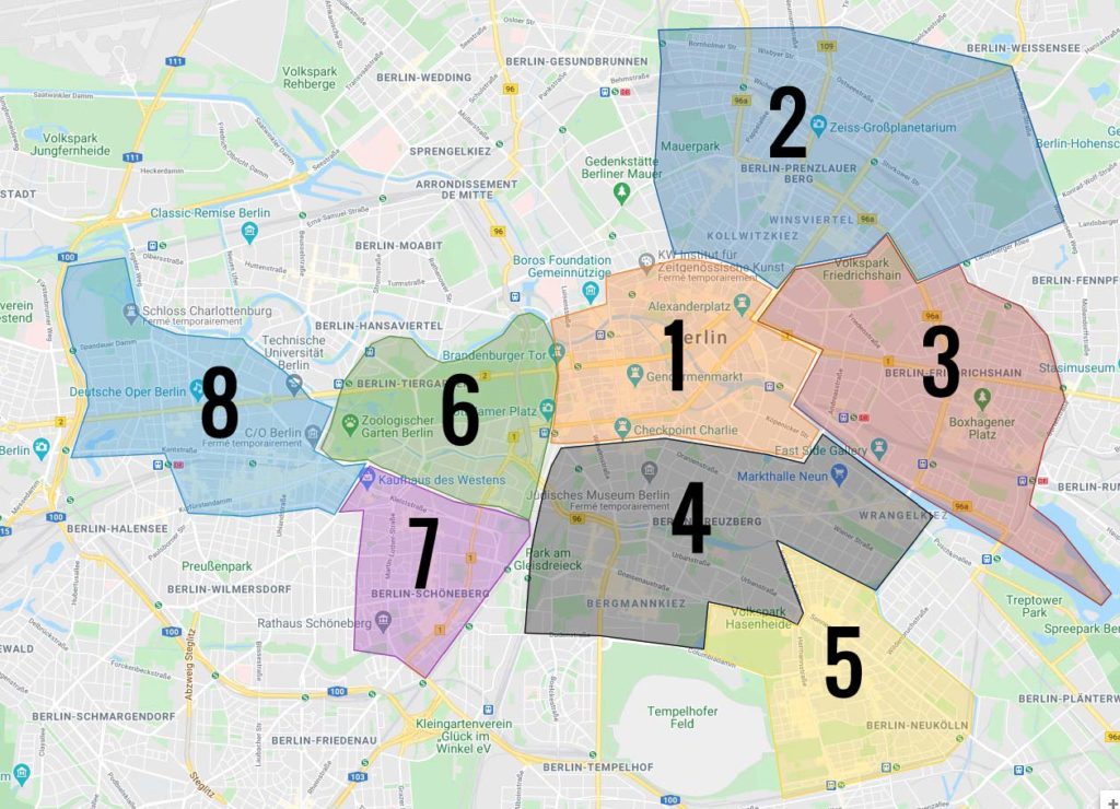 Carte des quartiers de Berlin : 1. Mitte, le centre historique, île aux musée et Tour de TV 2. Prenzlauer Berg, le Berlin des familles "bobo" 3. Friedrichshain, la carte postale de RDA + Clubbing 4. Kreuzberg, quartier turc et alternatif 5. Quartier-village de Neukolln 6. Tiergarten : Immense parc et quartier des musées. 7. Quartier-village de Schöneberg 8. Quartier de Charlottenburg : Chic et prussien.