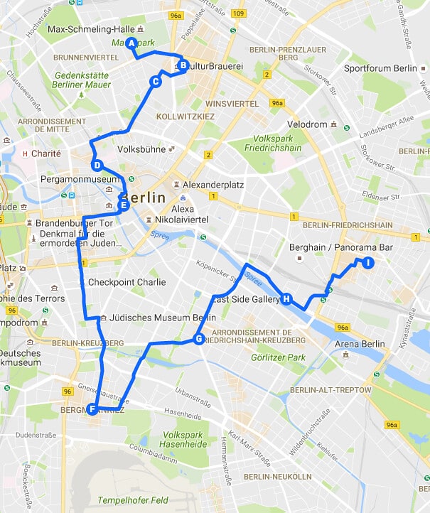 Itinéraires à Berlin en 2 jours : Jour 2, plan du parcours Prenzlauer Berg > îles aux musées > Kreuzberg > Friedrichshain