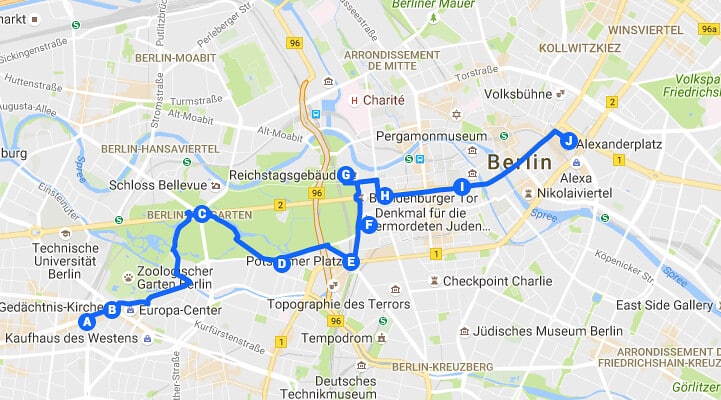 Itinéraires à Berlin en 2 jours : Jour 1, plan du parcours Kurfürstendamm > Centre > Alexanderplatz