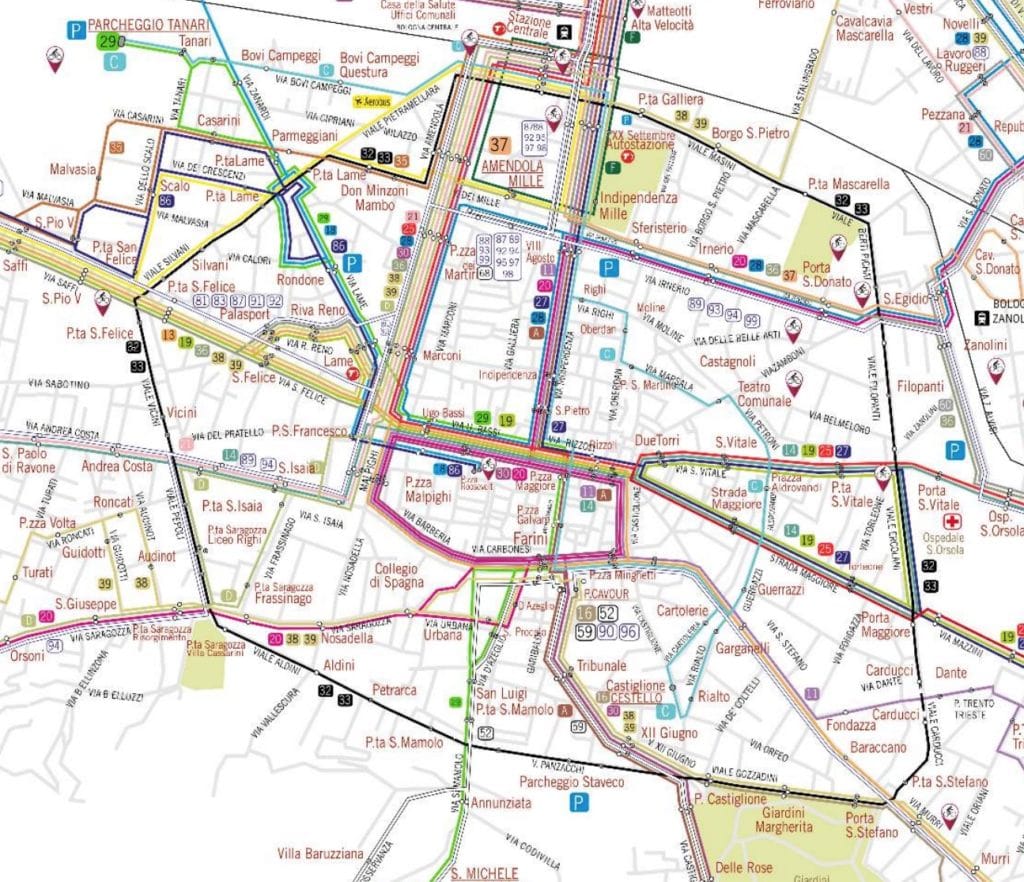 Carte du réseau de bus de Bologne.