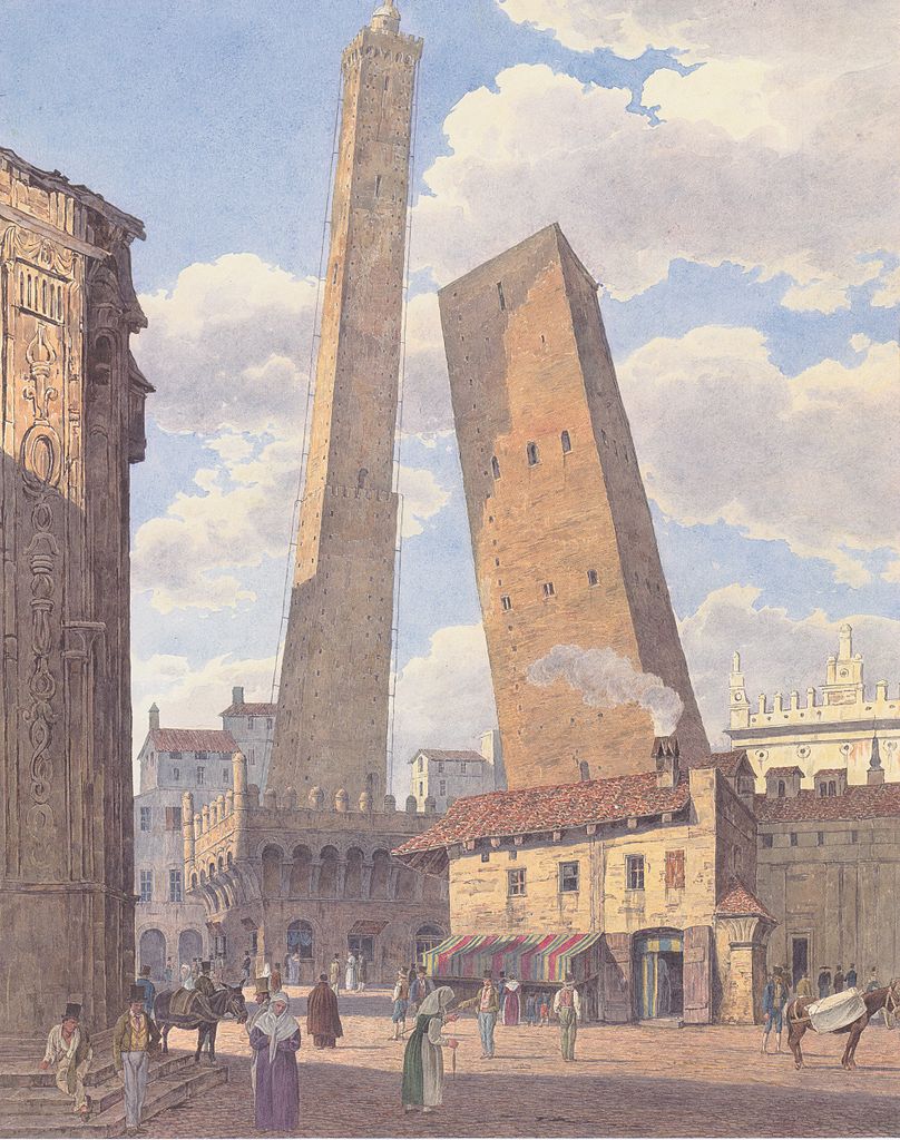 Monument : Les deux tours les plus célèbres de Bologne (Asinelli et Garisenda) sur un tableau de Jakob Alt vers 1836.