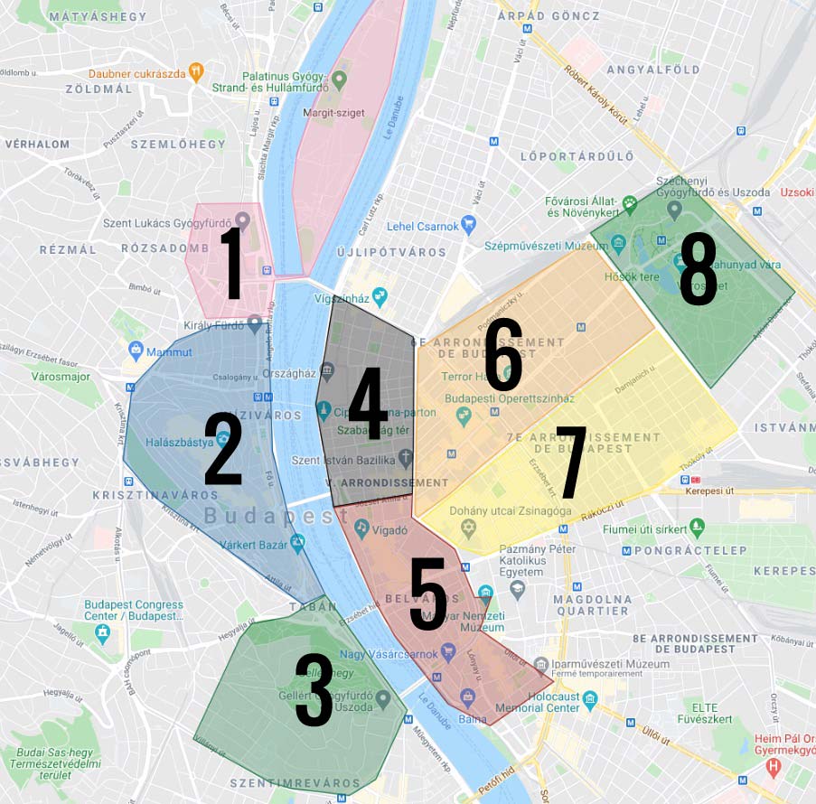 Carte des quartier de Budapest : 1. Felhévíz et île Marguerite : Vert et élégant 2. Colline de Buda : Centre historique et touristique 3. Taban : Thermes et parcs 4. Lipótváros : Centre politique et quartier chic 5. Belvaros : Quartier commerçant chic 6. 6e arrondissement : Chic, arty et branché 7. 7e arrondissement : Ancien quartier juif et vie nocturne 8. Varosliget : Immense parc et plus grand établissement thermal en plein air de Budapest.