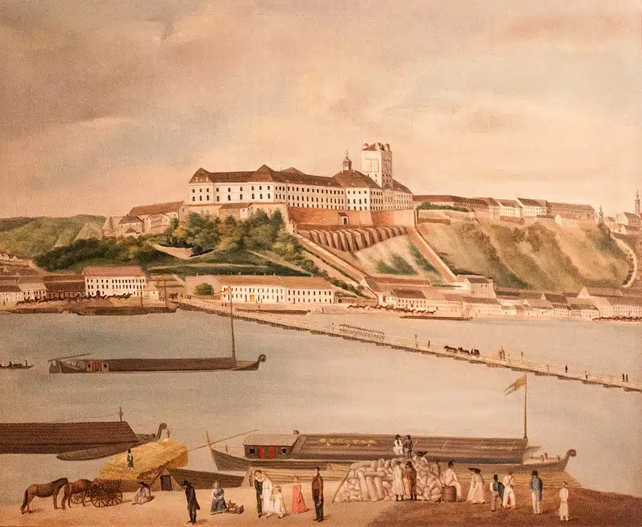 Colline de Buda derrière le Danube avec son chateau à Budapest en 1827.