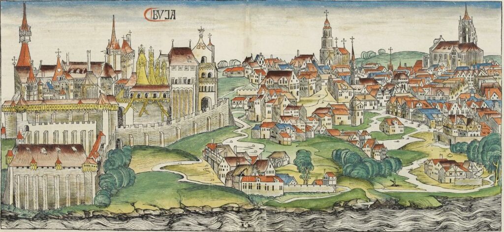Illustration du chateau de Budapest en 1493 dans les Chroniques de Nuremberg.