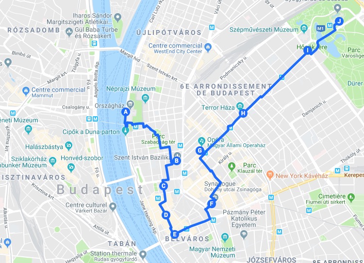 Itinéraires à Budapest en 2 jours : Jour 1, plan du parcours à Pest, du Parlement aux bains en plein air