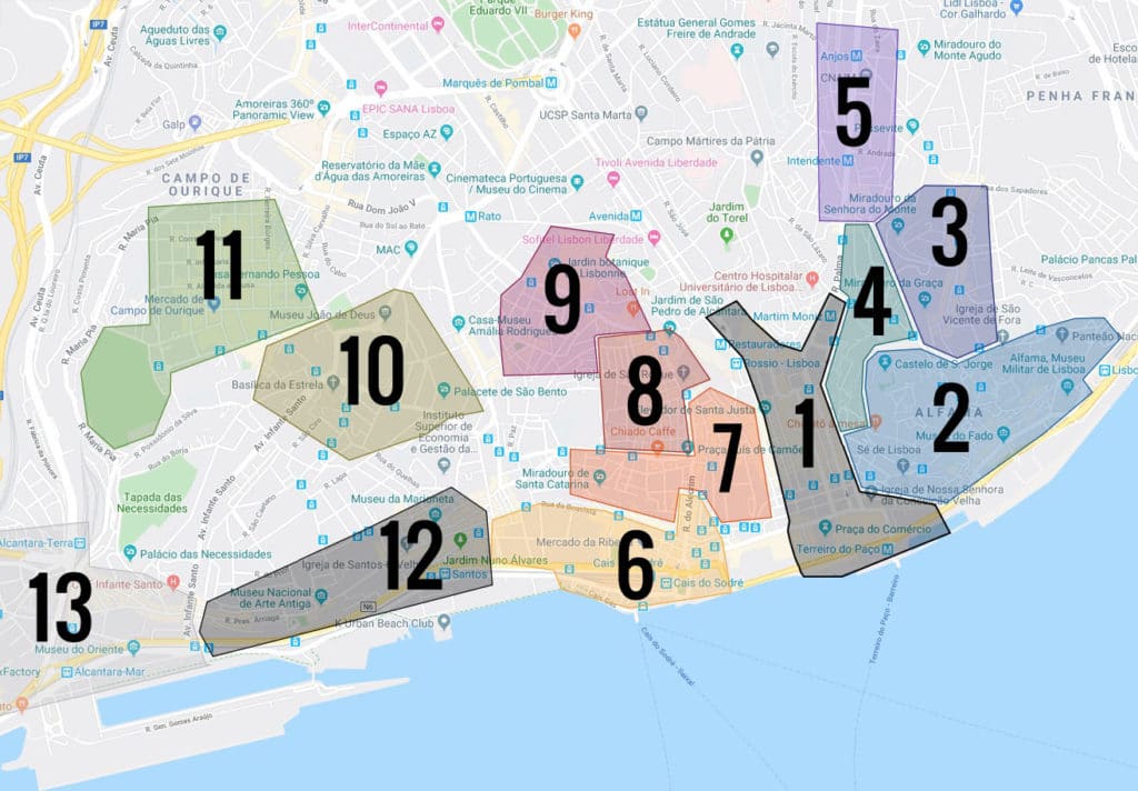 Carte des quartiers de Lisbonne : 1. Baixa 2. Alfama 3. Graça 4. Mouraria 5. Intendente 6. Cais do Sodré 7. Chiado 8. Bairro Alto 9. Principe Real 10. Estrela 11. Ourique 12. Santos 13. Alcantara