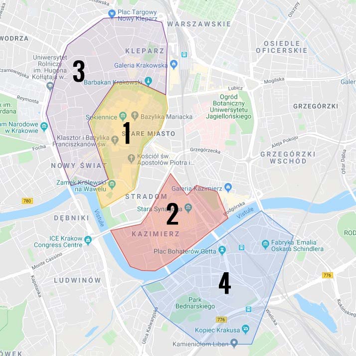 Carte des quartiers de Cracovie en Pologne : 1. Stare Miasto : Centre historique et touristique de Cracovie 2. Kazimierz, l'ancien quartier juif 3. Centre-ouest de Cracovie 4. Quartier de Podgorze, terrain de l'ancien ghetto