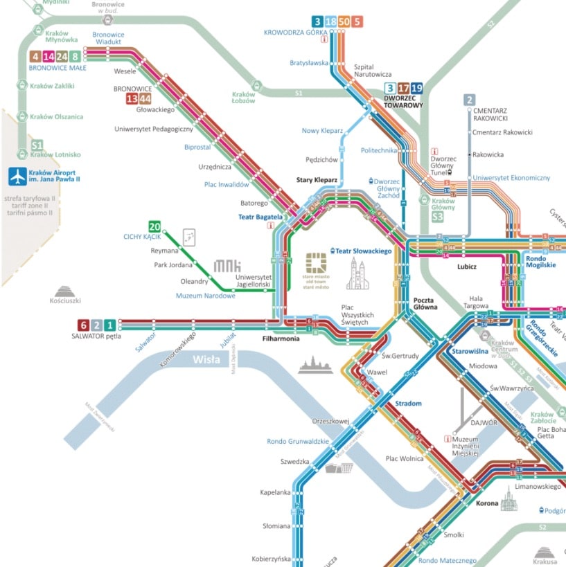 Extrait de la carte du réseau de tramway de Cracovie.