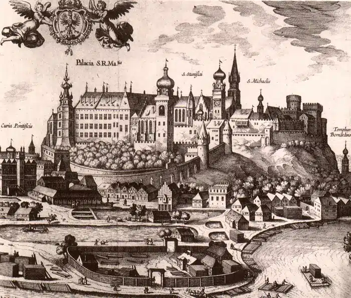 Chateau de Wawel fin 1500, dessin de Georg Braun et Frans Hogenberg.