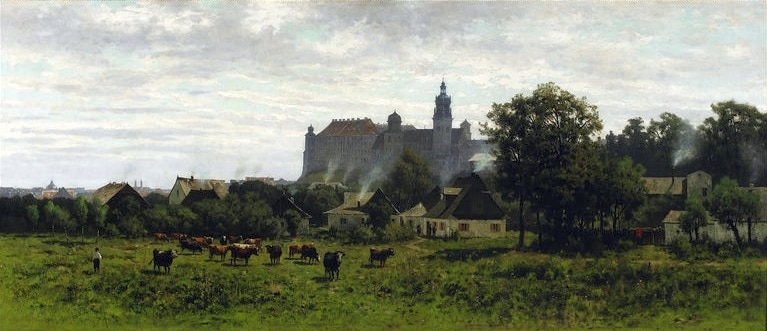 19e siècle, le chateau de Wawel vue depuis le sud de Cracovie par le peintre Malecki.