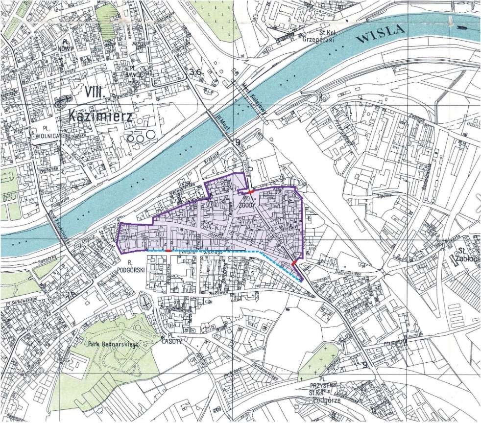 Plan du ghetto de Cracovie dans le quartier de Podgorze avec les portes d'entrées en rouge.