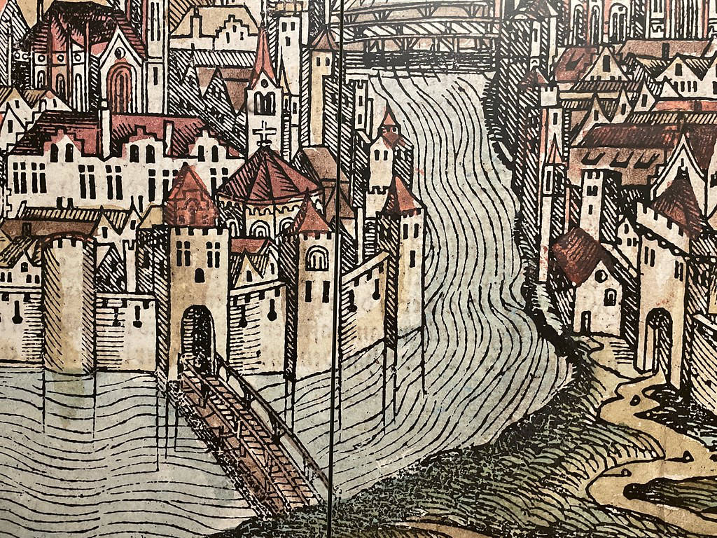 Gravure de Cracovie avec le quartier de Kazimierz alors séparé de la Vieille Ville par un bras aujourd'hui asséché du fleuve. Dans le du musée Emeryk Hutten-Czapski à Cracovie.