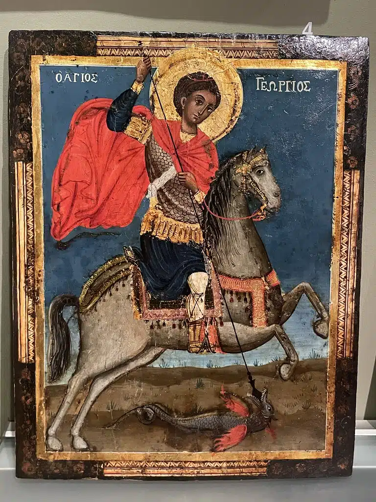 Saint Georges luttant contre le dragon (Grèce, 18e) au musée d'art sacré Ciolek à Cracovie.