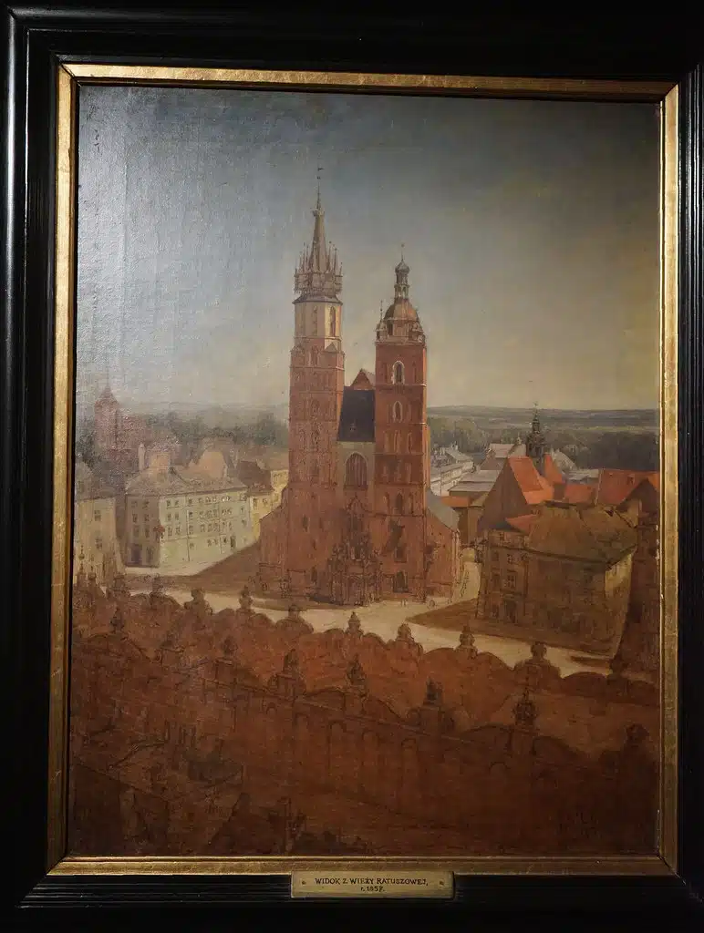 Vue sur la Basilique Sainte Marie de Cracovie depuis l'Hotel de Ville (Ratusz) par Matejko.