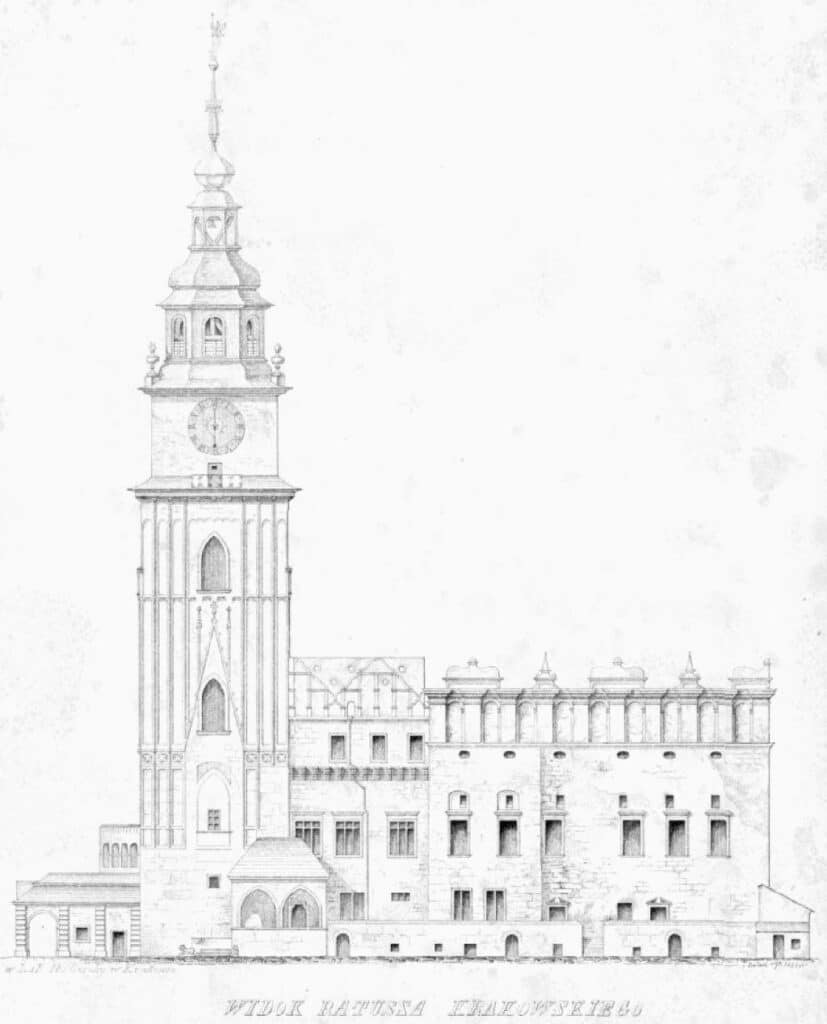 Hotel de ville de Cracovie avec son clocher baroque. Image du Musée de Cracovie. Dessin de Karol Balicki.