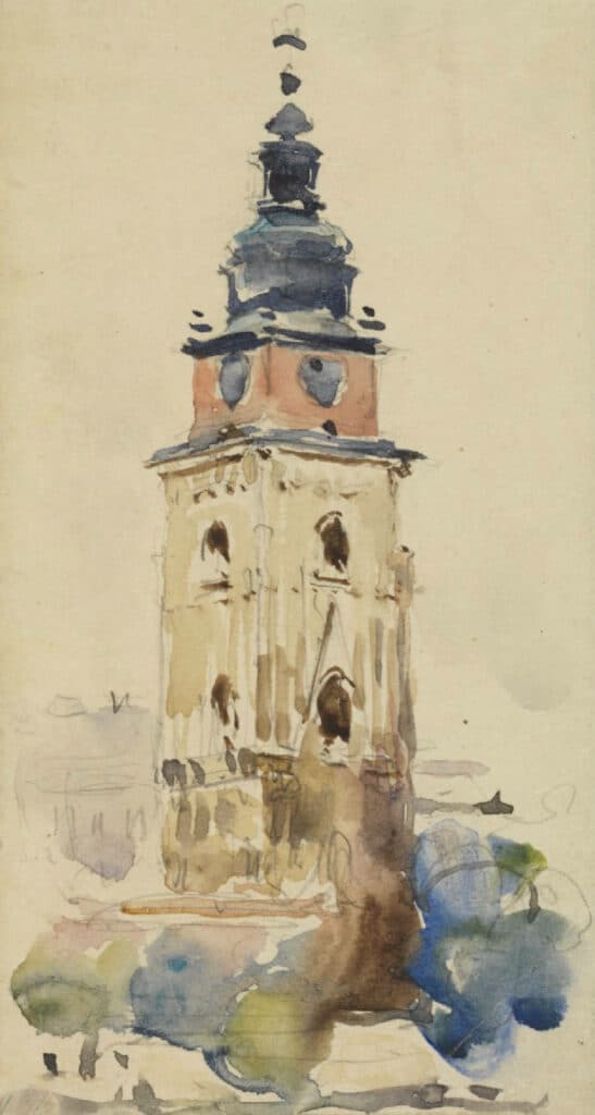 Aquarelle du Ratusz de Cracovie par Tadeusz Cieslewski.