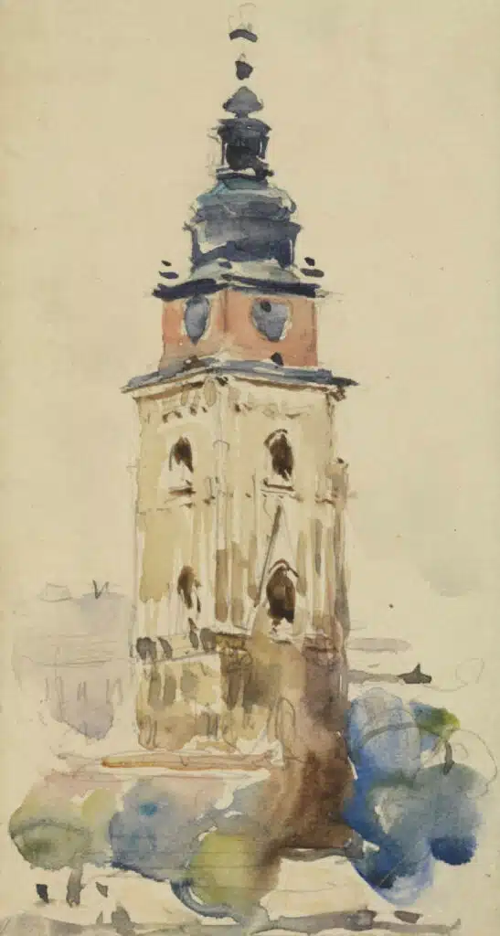 Aquarelle du Ratusz de Cracovie par Tadeusz Cieslewski.