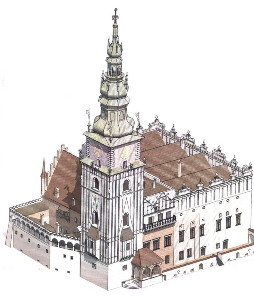 Hotel de ville de Cracovie avec son clocher baroque. Image du Musée de Cracovie.