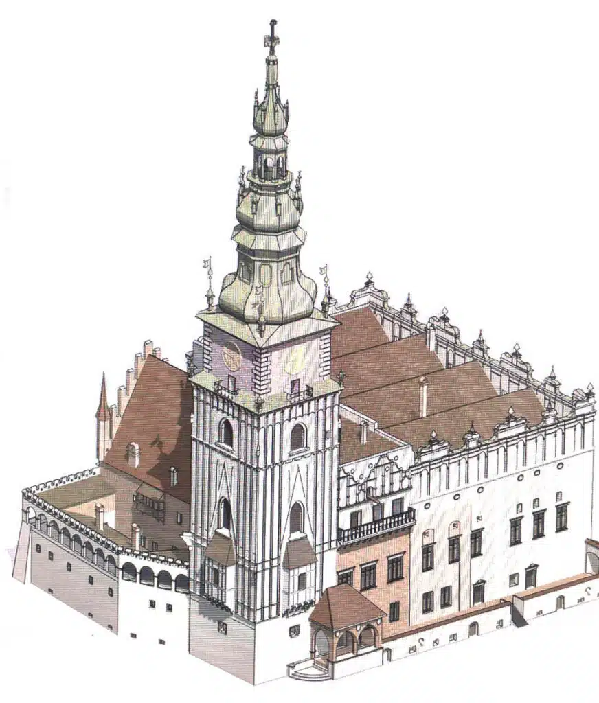 Hotel de ville de Cracovie avec son clocher baroque. Image du Musée de Cracovie.