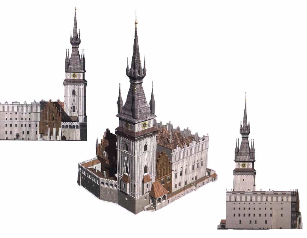 Hotel de ville de Cracovie avec son clocher gothique. Image du Musée de Cracovie.