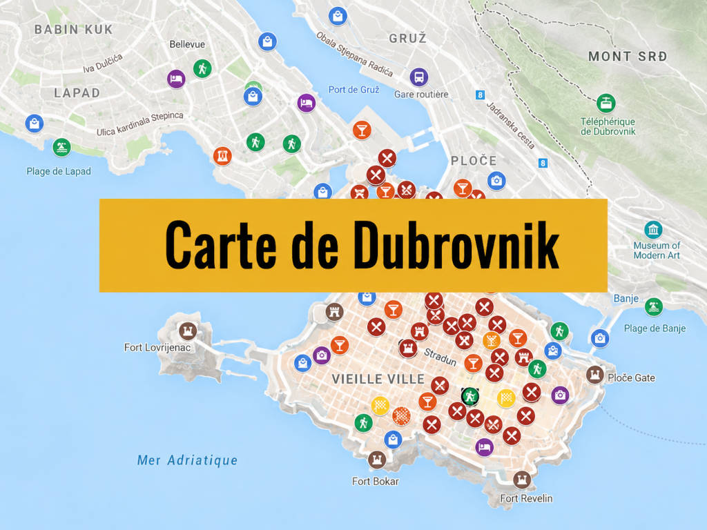 Carte de Dubrovnik en Croatie avec tous les lieux du guide.
