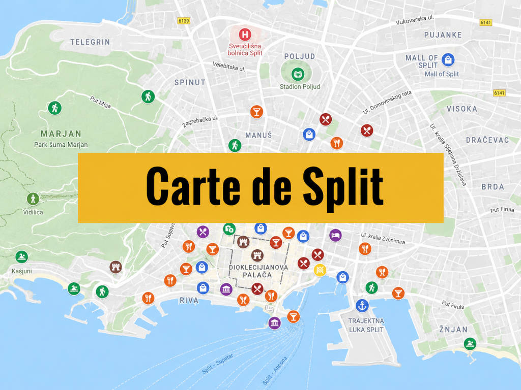Carte de Split en Croatie avec tous les lieux du guide.