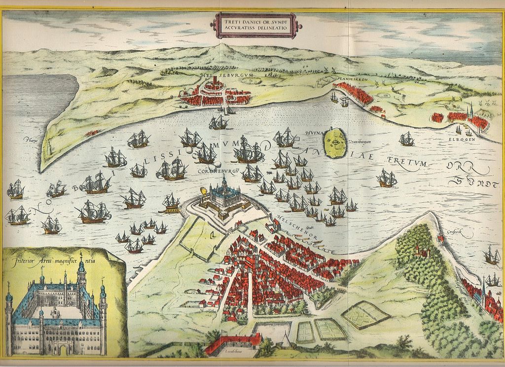 Chateau de Kronborg et péage entre mer du nord et mer Baltique en 1588.