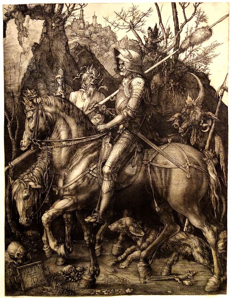 Dessin de Durer dans le musée Chester Beatty de Dublin : Le chevalier, la mort et le diable.