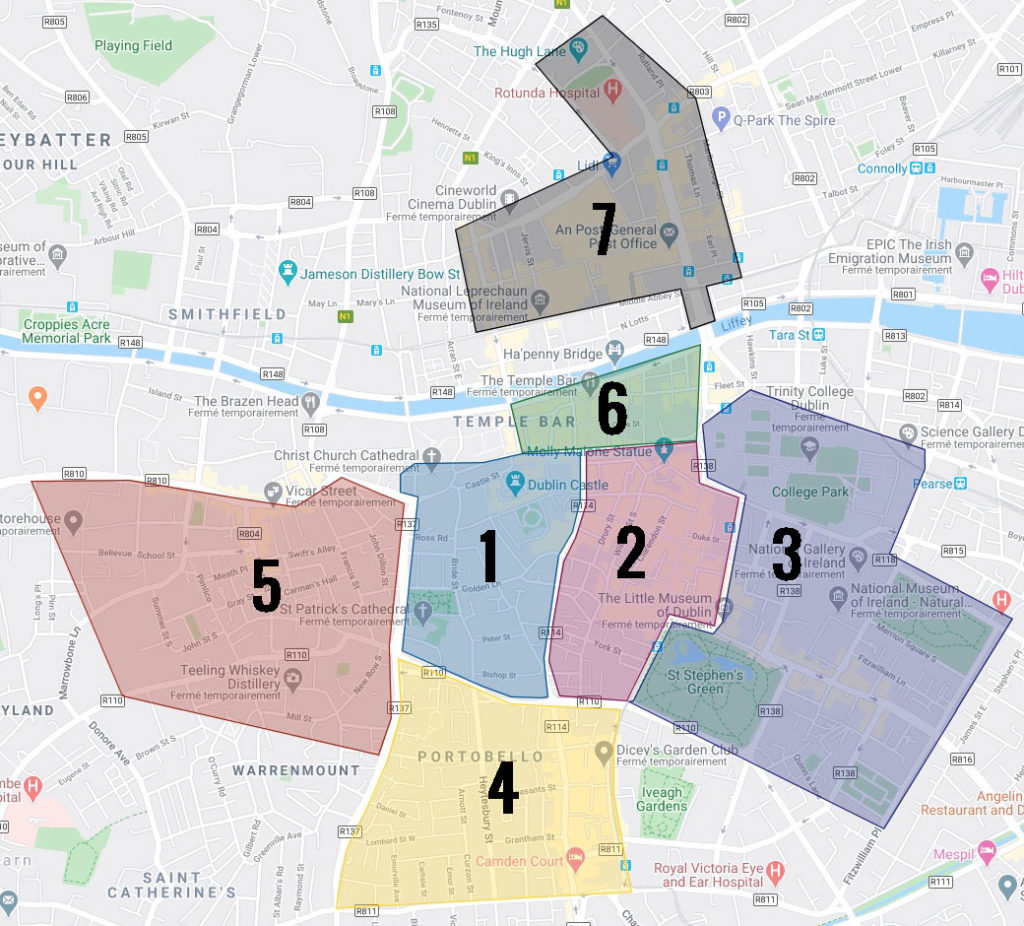 Carte des quartiers de Dublin : 1. Vieille ville de Dublin 2. Centre de Dublin 3. Beaux quartier georgiens 4. Quartier alternatif de Portobello 5. Quartier populaire de Liberties 6. Temple bar : Rues de la soif 7. Quartier d'O'Connell.