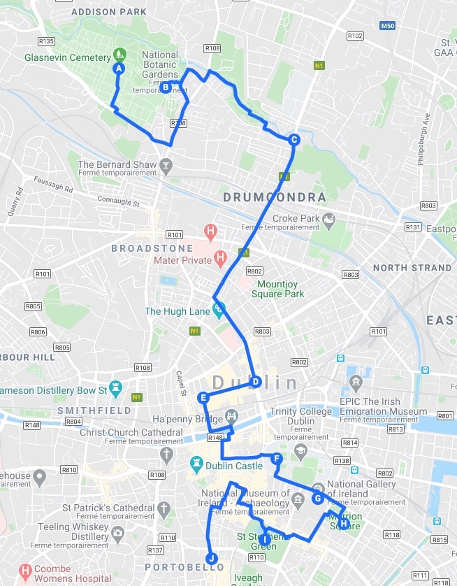 Itinéraires à Dublin en 2 jours : Jour 2, plan du parcours à travers parcs et quartiers chics.