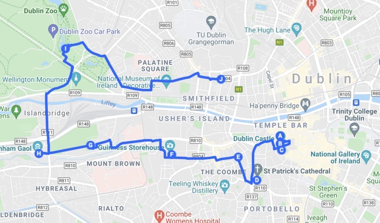 Itinéraires à Dublin en 2 jours : Jour 1, plan du parcours dans la vieille ville