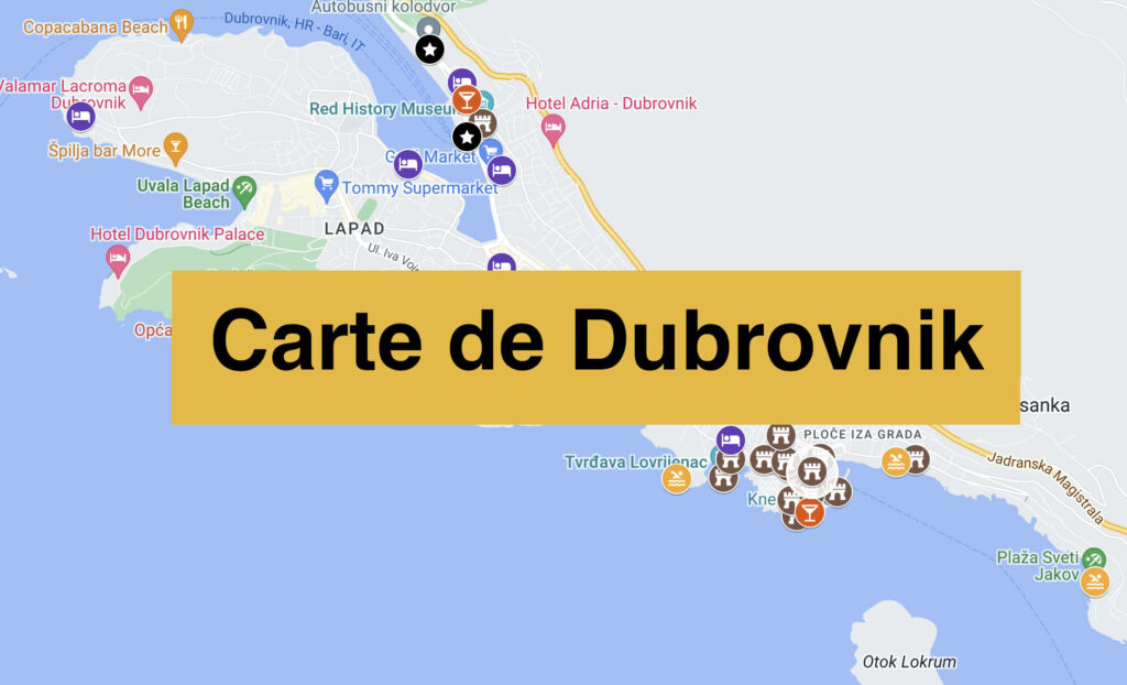 Carte de Dubrovnik (Croatie) avec tous les lieux du guide.