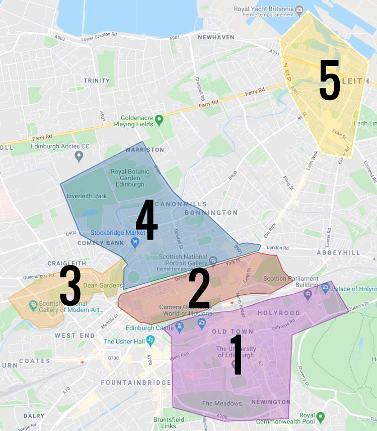 Carte des quartiers d'Edimbourg : 1. Old Town, le centre historique 2. New Town, la nouvelle ville élégante 3. Dean Village, le coin bucolique 4. Stockbridge, quartier résidentiel chic 5. Leith, l'ancien port ouvrier