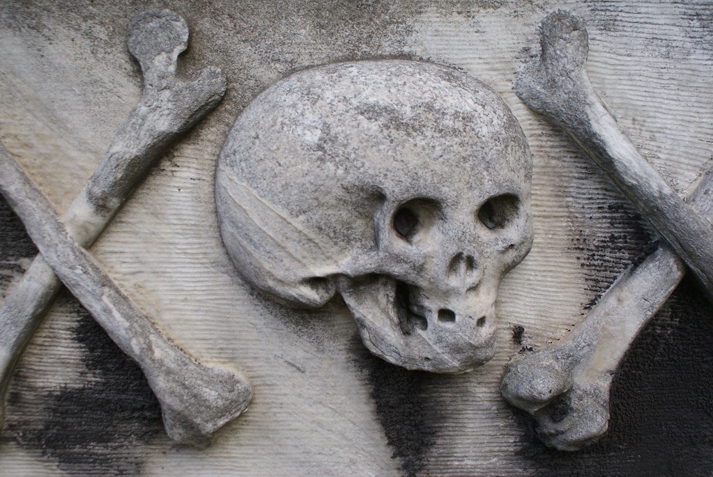 Insolite : Crane ou tête de mort dans un cimetière d'Edimbourg en Ecosse.