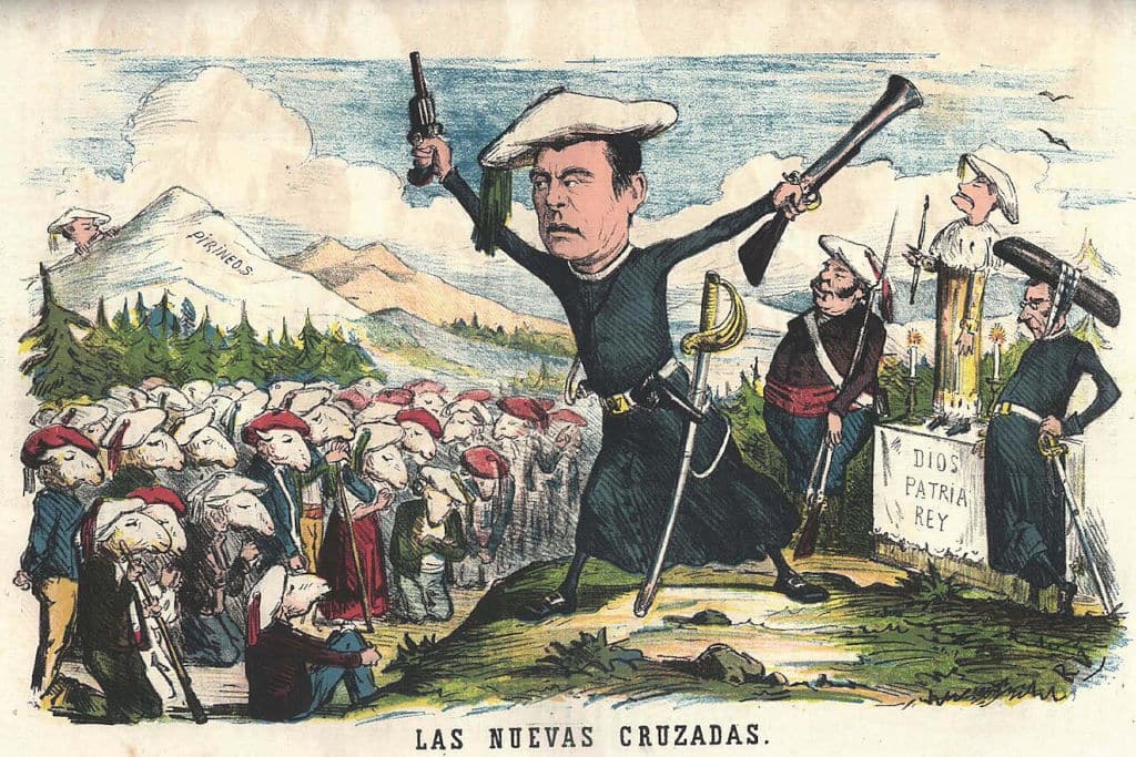 Caricature de la revue anticarliste La Flaca, publiée en 1870 et représentant le carlisme, ses idéaux (« Dieu, Patrie, Roi ») ainsi que ses principaux protagonistes de l’époque.