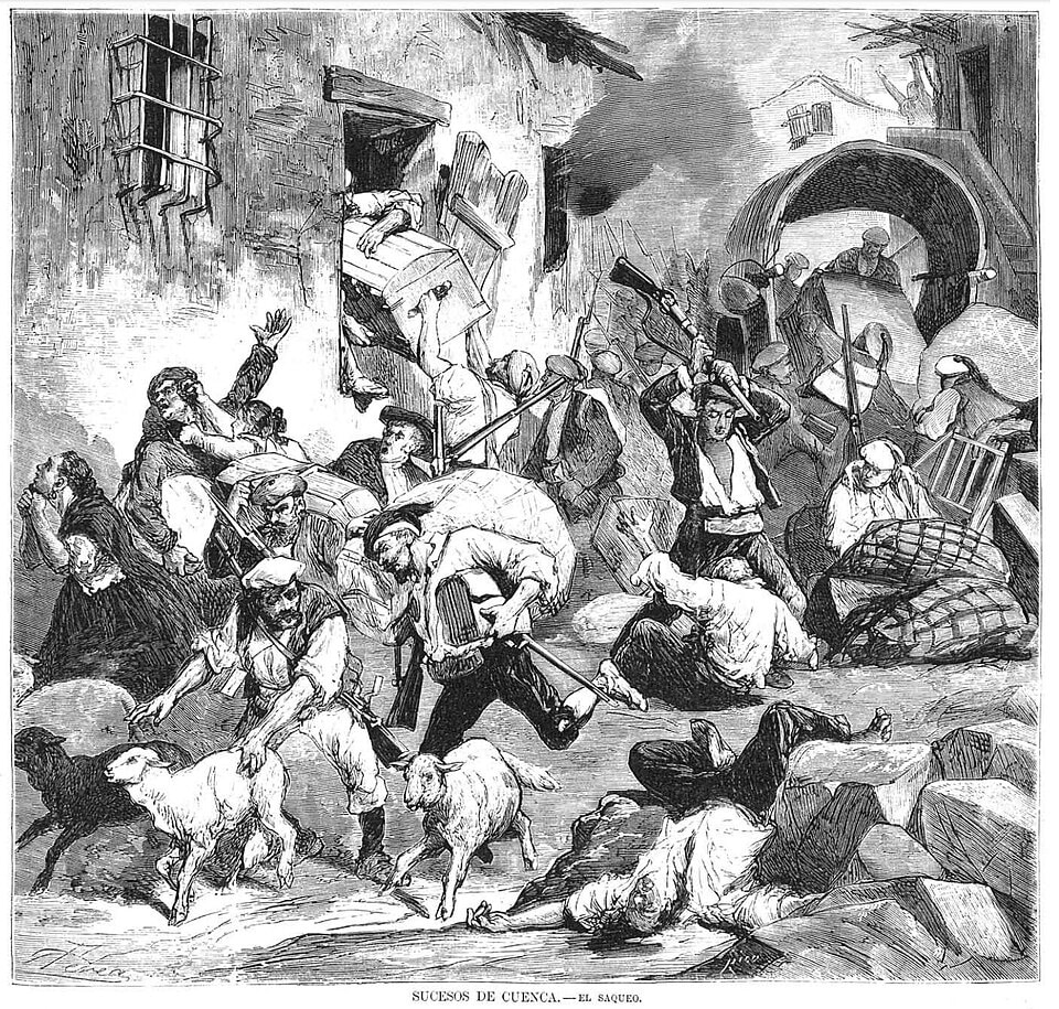 Sac de Cuenca par les Carlistes en 1874 - Dessin de 
Alfredo Perea.