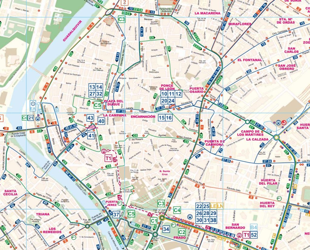 Carte du réseau de transport en commun dans le centre de Séville.